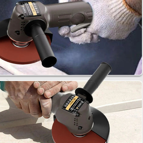 Lightweight Pneumatic Angle Grinder With A 110 Millimeter Wheel delivering no sweat operation, shown in use for metal grinding.