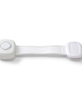 Outsmart All-Purpose Multi-Use Strap Four Pack White Kidproof Locking Strap with hidden button, flexible design for cabinets.