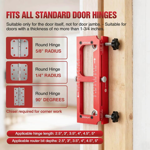 Pro Grade Door Hinge Template Kit For Router, Adjustable Mortise Jig Fits 2.5 To 5 Inch Hinges And Various Thicknesses, 1/4 And 5/8 Radius And Square Corner Types, Lightweight Aluminum 6061 Anodized For Precise Install