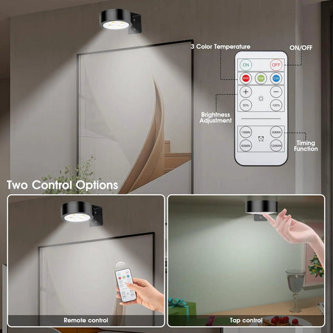 Must Have Picture Lights For Wall Magnetic Art Display Light Battery Operated LED Painting Light With Remote Control Dimmable And Timer 3 Pack Black Three Lighting Modes For Gallery Wall shown with remote control options