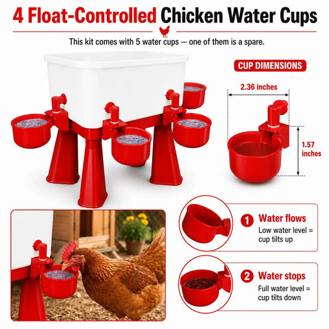 Super Easy Setup 3 Gallon Automatic Chicken Waterer With 10 Spill Proof Cup Stations And Sturdy Stand Legs For Hens Ducks And Poultry Coops This Game Changer Keeps Hydration Locked With Auto Refill In Bold Red Finish with four float-controlled water cups highlighted.