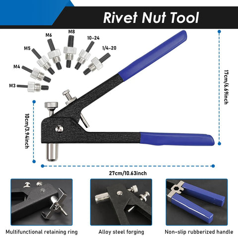 Front view of Eoppen rivet nut tool kit with blue handles, carbon steel, includes 7 mandrels and carry case.