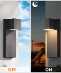 Two Pack Modern Outdoor Wall Sconces Delivering Smooth 3000K Warm White Glow Plus Rock Solid IP65 Waterproof Aluminum Construction That Goes Tough For Porch Patio Front Door Or Garage Hardwired Exterior Lighting Fixtures Matte Black, off/on view.
