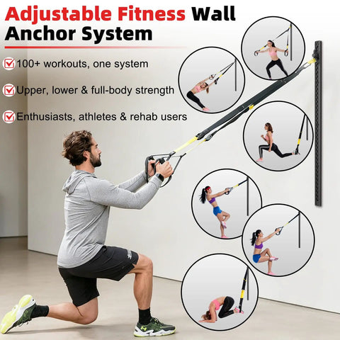 Crush Your Daily Reps With This Solid 40 Inch Adjustable Resistance Band Wall Anchor Featuring 37 Locking Positions For Complete Home Gym Full Body Workout Sessions, showing a user engaging with the anchor.