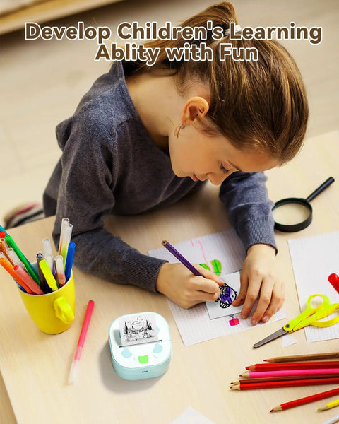 Child using Bluetooth Sticker Printer Mini Portable Sticker Maker With 3 Roll Paper Inkless Thermal Printing for crafts