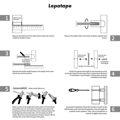 Installation instructions for cabinet door handle using Lepatape guide, including measuring, cutting, and securing steps.
