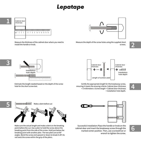 Step-by-step instructions for installing cabinet handles using Lepatape, showing measurements and techniques.