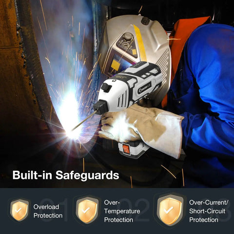 Person welding with Pocket Sized Portable Arc Welder 110V Handheld With IGBT Inverter, gloves and helmet visible.