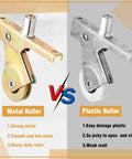 Comparison of metal and plastic rollers, highlighting features of 4 Pack Heavy Duty Stainless Steel Sliding Screen Door Rollers 1 Inch Smooth Glide With Spring Loaded Arm Adjusting Sleeve And Screws For DIY Repair And Screen Door Maintenance.
