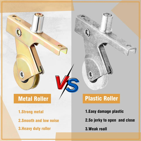 Comparison of metal and plastic rollers, highlighting features of 4 Pack Heavy Duty Stainless Steel Sliding Screen Door Rollers 1 Inch Smooth Glide With Spring Loaded Arm Adjusting Sleeve And Screws For DIY Repair And Screen Door Maintenance.