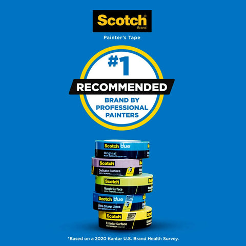 Stack of Scotch painter's tape rolls, recommended brand, featuring various types, including Pro Grade Sharp Lines Painter Tape.