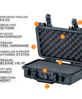 Rugged IP67 Waterproof Dry Box To Keep Your Cameras And Action Gear Toast From Water Hits Featuring Adjustable Foam Pad Inserts and heavy duty seals in matte black with open lid.