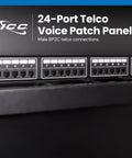 Beefy 24 Port Voice Patch Panel For Business Phone Systems Featuring 6P2C Male Jacks And A Rock Solid 1U Rackmount Build close-up showing connectors.