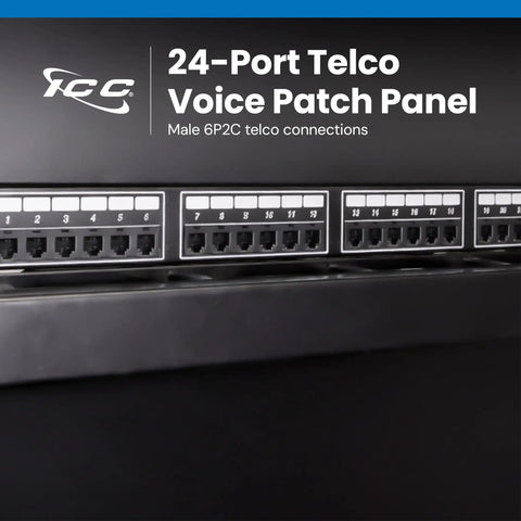 Beefy 24 Port Voice Patch Panel For Business Phone Systems Featuring 6P2C Male Jacks And A Rock Solid 1U Rackmount Build close-up showing connectors.