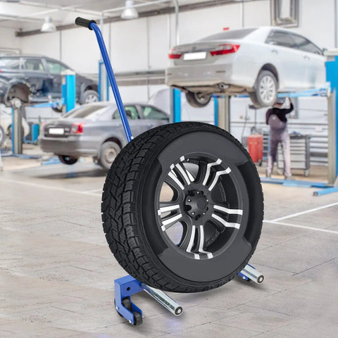 Heavy Duty Adjustable Tire Moving Cart That Handles 500 Lbs Like A Champ Smoothly Lifts 11 To 24 Inch Wheels For Trucks And Cars No Sweat Garage Essential with tire and blue frame in garage.