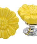 Fresh Vibes Vintage Daisy Drawer Knobs And Cabinet Pull Handles In Cheerful Yellow Ceramic With Solid Zinc Backplates Includes Six Pieces Plus Easy Install Screws For Quick Bedroom Kitchen Closet Furniture Refresh And Seriously Chic Home Decor Glow Up, set of yellow ceramic flower knobs on silver bases.