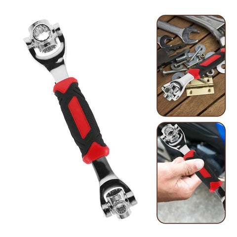 Universal Socket Wrench 48 In 1 With Rotating Head Multi Bit Fastener Tool Heavy Duty Home Repair Kit in hand with a black and red handle.