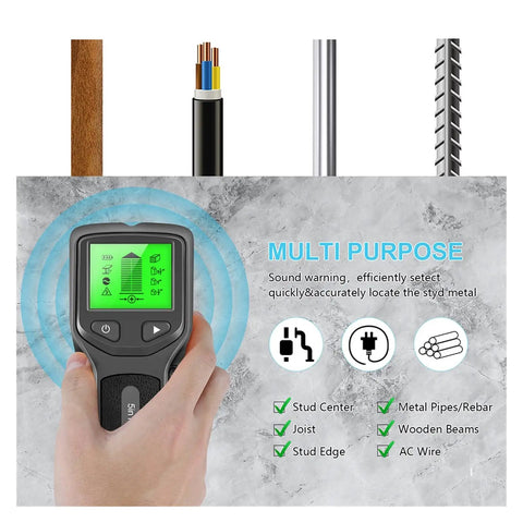Slick 5 In 1 Wall Scanner And Metal Detector With Live Wire And Wood Stud Finder, displaying multiple detection features.