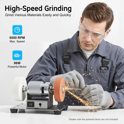 Robust Electric Mini Bench Grinder And Jewelry Polisher Boasting Slick 96 Watt Engine at 6000 RPM in use.