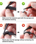 Instructions for using tweezers with light seal foam kit to prevent light leaks, showing correct and incorrect methods.