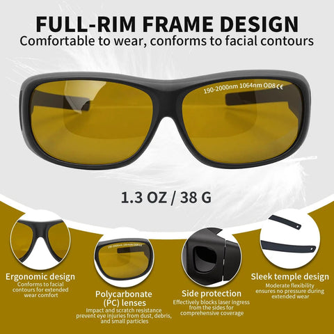 Kickass Laser Safety Glasses Featuring Boss Level OD8 Eye Protection Spanning 190 to 2000 nm and 1064 nm full-rim frame design.