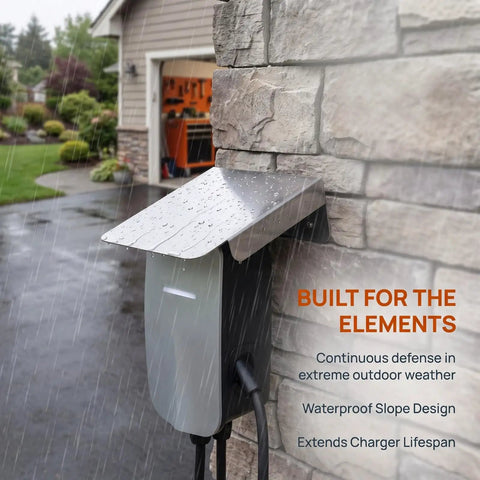 Built Damn Tough Waterproof Stainless Steel EV Charger Protective Housing Hardcore Outdoor Box Cover With All Weather Rain Shield For Reliable Daily Charging And Smooth Operation in the rain.