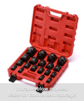 19 Piece 1/2 Inch Drive Impact Socket Set SAE Shallow Range 3/8 To 1-1/2 Inch Cr-Mo Alloy Steel in red carry case