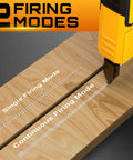 Kickass Cordless Brad Nailer And Staple Gun Combo Set Featuring 20v Power Compatibility shown demonstrating single and continuous firing modes on wood.