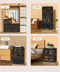 Heavy Duty Fold Flat Storage Bins With Slick Dual Front Door Access And Secure Lids Built Different Stackable Plastic Organizer Totes For Your Garage Office Pantry Or Home Gear Setup 4 Pack Black Nine Gallon Capacity Each displayed in closet, living room, bathroom, and bedroom settings.