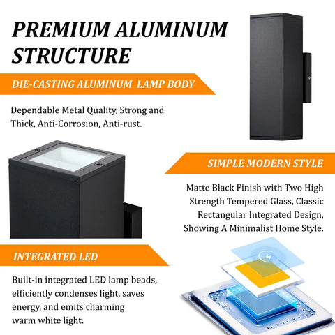 Top Shelf Dimmable Wall Sconces Slick Modern Square Aluminum Fixtures For Indoor Outdoor Up Down Led Glow 12 Watt 2700K Waterproof structure and design details.