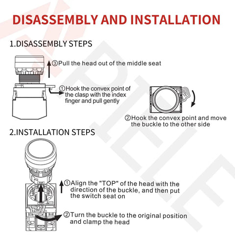 Diagram showing disassembly and installation steps for Heavy Duty 22 mm Latching Push Button Switch With Glow In Dark Red Led.