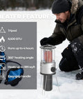 Man using 8,500 BTU Portable Propane Heater For Outdoors With Tilt Switch And Two Speed Heating, Lightweight 4.2 Lb With Carry Bag on ice
