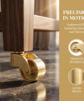 Solid Brass Roller Wheels With Vintage Swivel Casters And Anti Scratch Pads For Heavy Duty Furniture gliding smoothly beneath a wooden leg.