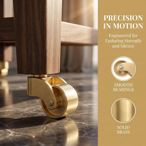 Solid Brass Roller Wheels With Vintage Swivel Casters And Anti Scratch Pads For Heavy Duty Furniture gliding smoothly beneath a wooden leg.