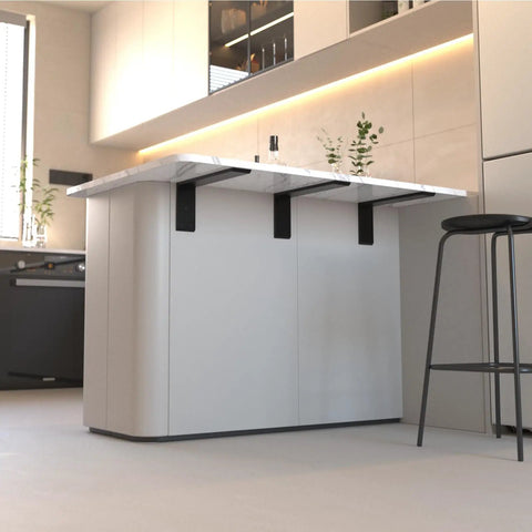 Heavy Duty 12 Inch Countertop Support Brackets Matte Black 2 Pack Premium Steel supporting a marble countertop in a modern kitchen.