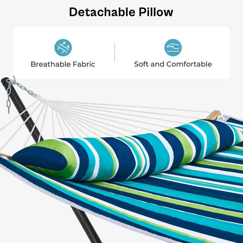 Two Person Heavy Duty Hammock With Stand And Padded Cotton, Detachable Pillow, Strong Curved Bar in Dark Cyan