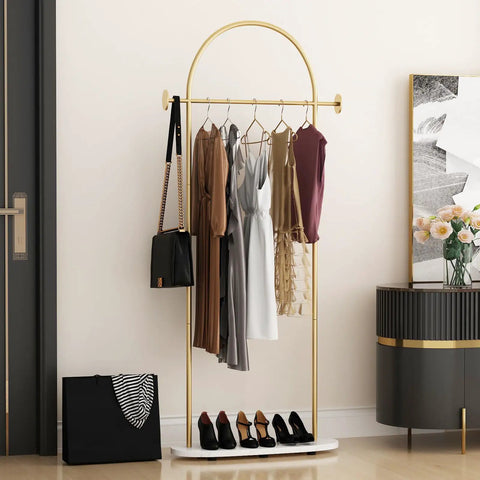 Gold Clothing Rack With Shelf, Heavy Duty Freestanding Coat Rack, Metal Hanger Stand With Hooks For Boutique Office