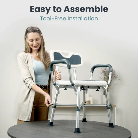 Heavy Duty Shower Chair For Elderly And Disabled With Padded Armrests And Back Adjustable Height Bath Seat built tough, shown during tool-free assembly.