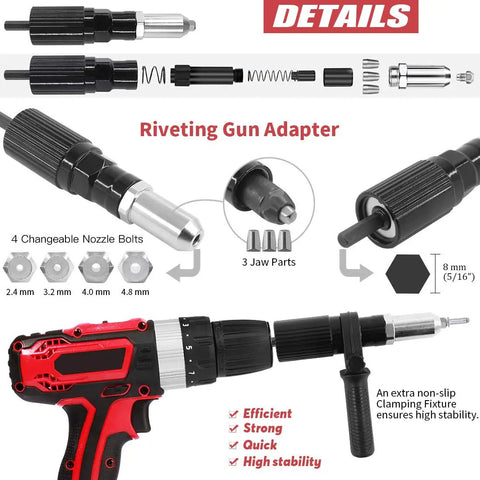 Professional Rivet Gun Adapter Kit With Flex Head And 210 Pcs Assorted M3 M4 M5 Aluminum Pop Rivets Includes Wrench And Clamping Fixture For Bulldog Tough Sheetmetal And Industrial Ductwork Projects showing detailed components.
