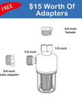 Heavy Duty Brass Inline Water Filter Rock Solid 40 Micron Mesh Strainer with free adapters displayed above.