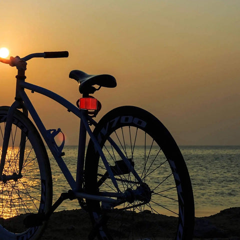 Bicycle parked by the sea at sunset with 8 Pack Bike Front And Rear Reflectors Kit for visibility on wheel spokes and seatpost.