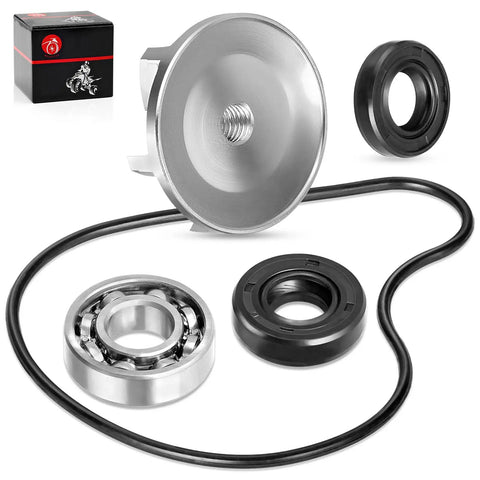 Top Shelf Water Pump Rebuild Kit Including Fresh Impeller Oil Seal And Bearing For Wr250f Yz250f 2001 Through 2013, parts arranged on white background.