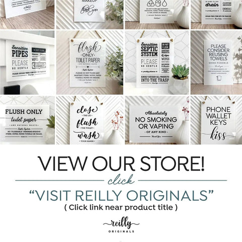 Elegant Acrylic Bathroom Do Not Flush Sign 3.5x5 Inches With Adhesive Pack Of 5 displayed with various bathroom signs