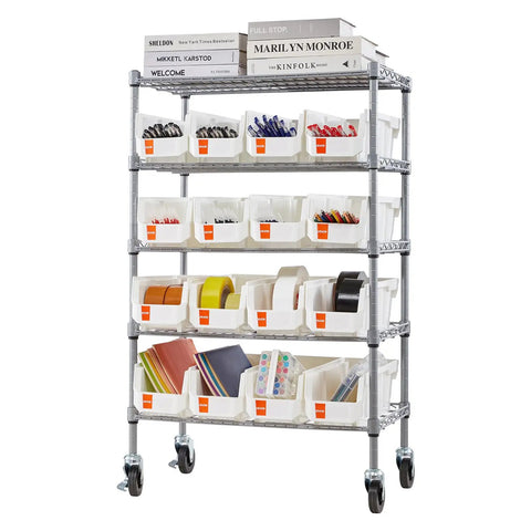 5 Tier Rolling Bin Storage Rack With 16 Organizer Bins, Heavy Duty Wire Shelving On Casters, holding various office supplies