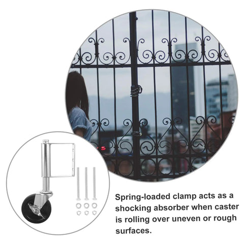 Tough As Nails Heavy Duty Gate Wheel Featuring Smooth Spring Loaded Caster Supports Up To 75 Kilos For Wooden Gates And Sliding Tracks showing spring-loaded clamp and wheel.