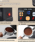 Badass Automatic Coffee Tamper Machine With Smart Metal Detection Auto Fill And Adjustable Pressure Settings For Completely Flawless Espresso Pours Daily operation steps with power button and pressure settings display.