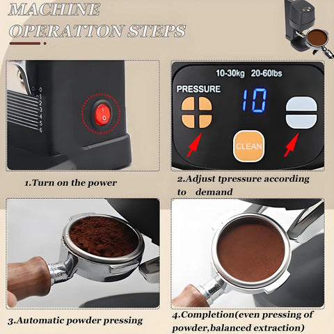 Badass Automatic Coffee Tamper Machine With Smart Metal Detection Auto Fill And Adjustable Pressure Settings For Completely Flawless Espresso Pours Daily operation steps with power button and pressure settings display.