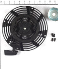 OEM 591606 Rewind Starter Assembly for Lawn and Small Engines, black plastic construction, with metal cap and screws, top view