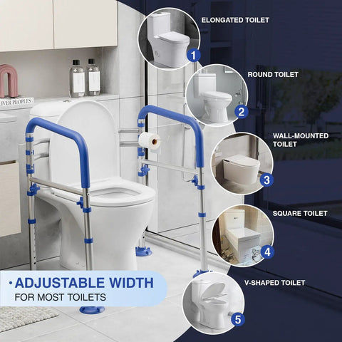 Rock Solid Foldable Toilet Safety Rail For Seniors With Adjustable Height And Width Heavy Duty Aluminum Grab Bar Supports Up To 350 Pounds next to various toilet types.