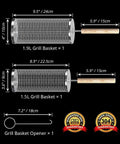 Nesting Stainless Steel Grill Basket Set 2 Pieces For Veggies Shrimp Fish And Meat with dimensions and handles displayed.